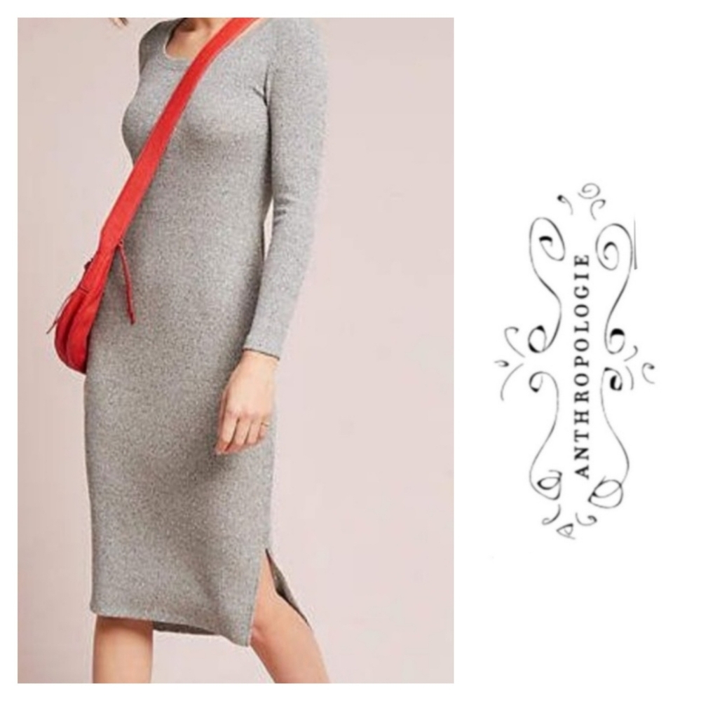 Anthropologie Pure+Good Long Sleeve Grey Ribbed Knit Dress Size XL Gertrude NEW
